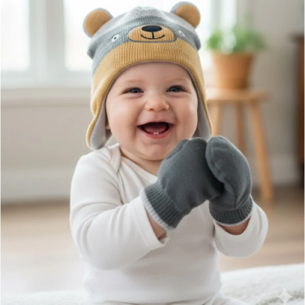Adorable Bear Knit Hat and Mittens Set for Kids 12-24 months - Picture 1 of 4